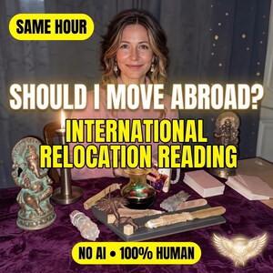 May include: A person sits behind a purple cloth table with a Ganesha statue, a lit candle, a small glass vessel, a wooden wand, and stacks of cards. Text reads: SAME HOUR, SHOULD I MOVE ABROAD? INTERNATIONAL RELOCATION READING, NO AI 100% HUMAN.