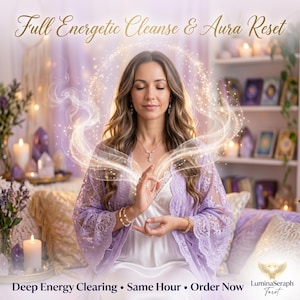 Puede incluir: Una persona con cabello largo y ondulado viste una bata de encaje color violeta claro sobre un vestido blanco, con las manos en posición meditativa. El texto dice Full Energetic Cleanse & Aura Reset, Deep Energy Clearing, Same Hour, Order Now, LuminaSeraph Tarot.