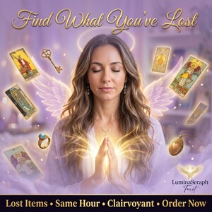 Peut inclure: Un graphique numérique avec le texte Find What You've Lost en haut et LuminaSeraph Tarot en bas. Une personne aux longs cheveux ondulés a les mains jointes avec une lueur dorée, entourée de cartes de tarot, d'une clé et d'un médaillon.