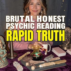 May include: A psychic reading service advertisement featuring the text SAME HOUR, NO SUGARCOAT, BRUTAL HONEST PSYCHIC READING, RAPID TRUTH, and NO AI 100% HUMAN. The display includes a small glass vase, a wooden wand, crystals, and two statues on a purple cloth.