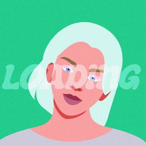 以下が含まれることがあります： 白い髪、青い目、ピンク色の肌をした人物のデジタルイラストで、背景は無地の緑色です。画像の中央には、半透明の明るいフォントで「LOADING」という文字が書かれています。