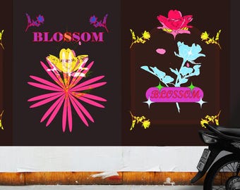 Dos pósteres digitales negros imprimibles / Arte pop abstracto colorido con detalles florales / PDF tamaño 30 / Estilo retro y vintage del siglo XX