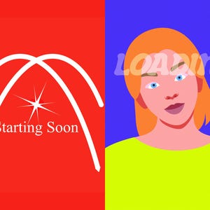 Könnte beinhalten: Eine geteilte Grafik mit einer roten linken Seite, die ein gelbes Quadrat, weiße bogenförmige Linien, ein Sternsymbol und den Text Starting Soon enthält. Die rechte Seite ist blau mit einer stilisierten Illustration einer Person mit orangefarbenen Haaren und dem Text LOADING.