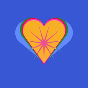 Op de afbeelding: Een gelaagde hartafbeelding met een centraal geel hart met een roze sterpatroon, omringd door concentrische contouren in tinten roze, groen en lichtblauw, alles tegen een effen middenblauwe achtergrond.