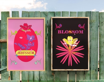 Conjunto de láminas decorativas de pared con motivos florales rosas / Láminas botánicas maximalistas de estilo retro Y2K (2 archivos PDF)