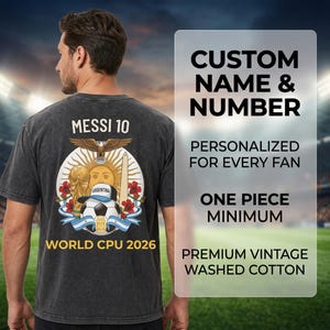 Puede incluir: Camiseta gris oscuro con un diseño temático de fútbol, con el texto "MESSI 10" y "WORLD CPU 2026". El diseño incluye un balón de fútbol, la bandera argentina y un sol. La camiseta también tiene el texto "CUSTOM NAME & NUMBER".