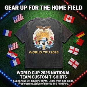 Puede incluir: Camiseta gris oscuro con un gráfico de fútbol, la palabra "ARGENTINA" y el texto "WORLD CPU 2026". La camiseta está rodeada de pequeñas banderas y el texto "GEAR UP FOR THE HOME FIELD" y "WORLD CUP 2026 NATIONAL TEAM CUSTOM T-SHIRTS".
