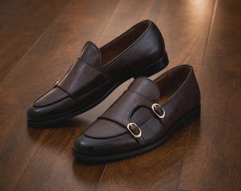 Men’s Handmade Leather Monk Strap Shoes – Crocodile Pattern Formal Loafers – Elegant Business Footwear
