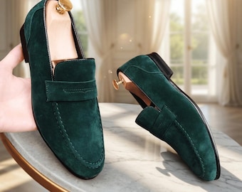 Men’s Handmade Penny Loafers – Suede Leather Slip-On Shoes – Elegant Formal & Business Footwear