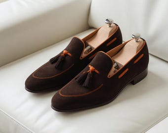Handmade Brown Suede Tassel Loafers for Men—Luxury Slip-On Dress Shoes, Formal & Wedding Wear