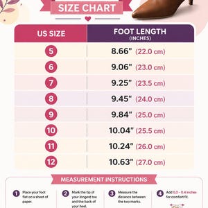 May include: A shoe size chart for women's shoes, with US sizes 5-12 and corresponding foot lengths in inches and centimeters. Includes measurement instructions and tips for best fit. A brown ankle boot is shown.