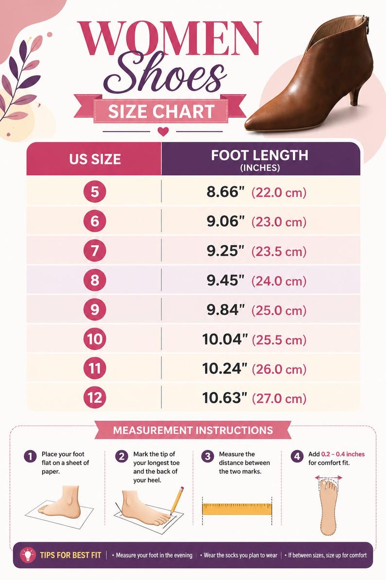 May include: A shoe size chart for women's shoes, with US sizes 5-12 and corresponding foot lengths in inches and centimeters. Includes measurement instructions and tips for best fit. A brown ankle boot is shown.