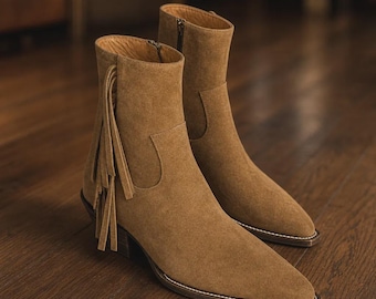 Handmade Men’s Suede Fringe Boots – Western Ankle Boots with Zipper, Smart Casual Cowboy Footwear