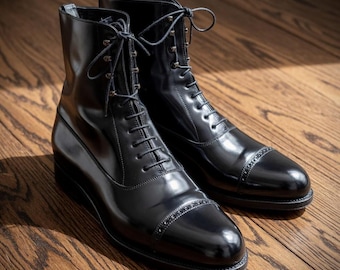 Botas de cuero negro hechas a mano con puntera reforzada para hombre – Zapatos de vestir con cordones hasta el tobillo