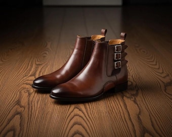 Men’s Triple Monk Strap Boots – Handmade Leather Dress Boots – Elegant Formal Buckle Ankle Footwear