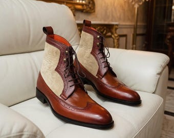 Botas de cuero bicolor hechas a mano para hombre – Botas con cordones y puntera de ala – Zapatos de tobillo estilo Oxford vintage