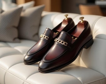 Handmade Leather Chain Loafers for Men – Luxury Slip-On Dress Shoes –Wedding & Business Footwear