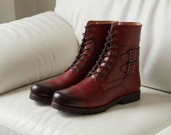 Men’s Leather Biker Combat Boots – Handmade Lace-Up Boots – Double Buckle Military Style Footwear