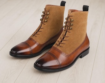 Herrenstiefel im Vintage-Stil - Handgefertigte Schnürstiefel aus Leder und Wildleder, klassisches Cap-Toe-Design