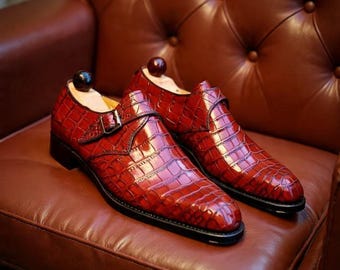 Zapatos de hombre de piel con textura de cocodrilo: zapatos de vestir con hebilla tipo monje, hechos a mano, calzado elegante para ocasiones formales y fiestas.