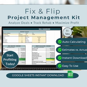 Kit de gestion de projet Fix & Flip | Analyseur d'offres immobilières et calculateur de profit (Google Sheets) | Système de retournement de maison