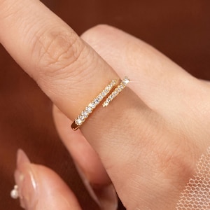 Adjustable Gold Ring, Open Pave Ring, Dainty Crystal Ring, Minimalist Stackable Ring, Sparkling Gold Jewelry Gift for Her