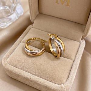 Puede incluir: Un par de pendientes de aro con un diseño tricolor de bandas entrelazadas en tonos oro amarillo, oro rosa y plata. Los pendientes cuentan con un mecanismo de cierre de bisagra y se presentan en un joyero beige forrado de terciopelo.
