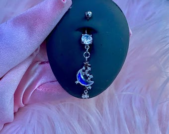 Kolczyk do pępka z motywem gwiazd i księżyca, 14 g, srebrny, różowy, letni dodatek do piercingu pępka dla kobiet, 10 mm, wakacyjna biżuteria do ciała, dziewczęca, wisząca