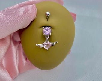 Pink Heart Belly Button Ring 14G Summer Accessories for Navel Piercings for Women 10 mm Vacation Body Jewelry Girly Dainty Spring Dangling