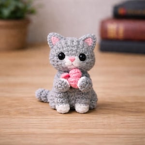 May include: A handmade crochet cat figurine in gray with pink accents, holding a pink heart. The cat has large black eyes and white paws. The figurine is sitting on a wooden surface.