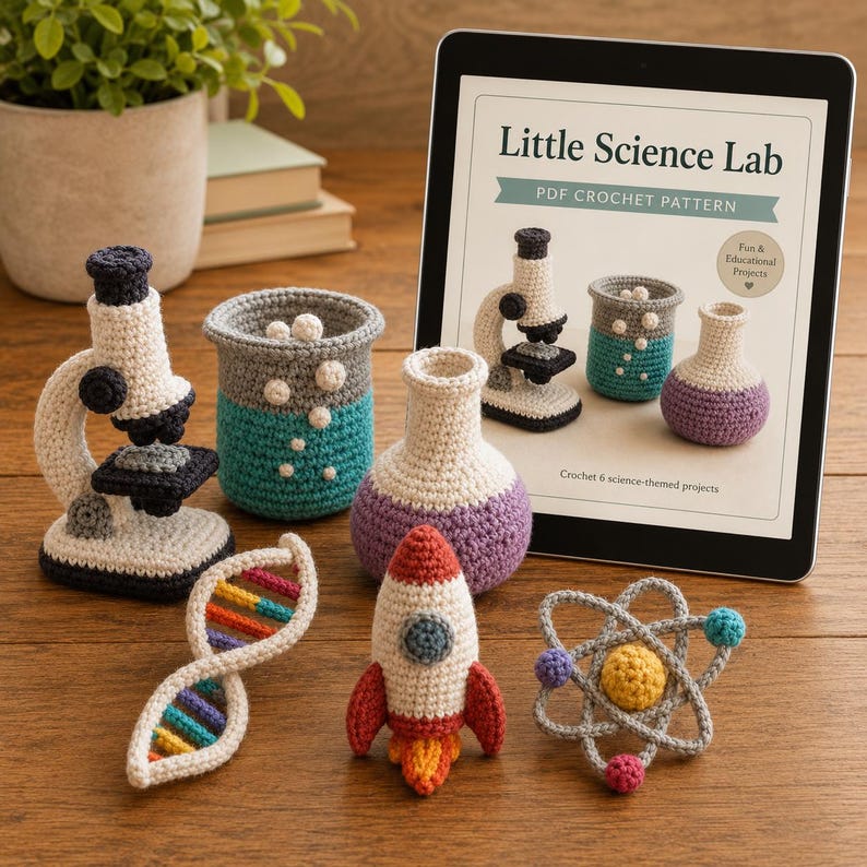 May include: A collection of crocheted science-themed items including a microscope, a beaker with bubbles, a flask, a DNA strand, a rocket, and an atom model, displayed next to a tablet showing the Little Science Lab PDF crochet pattern.