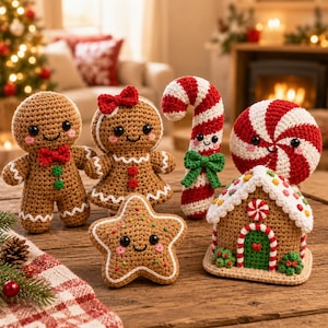 Puede incluir: Una colección de adornos navideños de ganchillo que incluye una figura de pan de jengibre con pajarita roja, otra con lazo rojo, una estrella, un bastón de caramelo con lazo verde, un caramelo de menta y una casita de pan de jengibre.