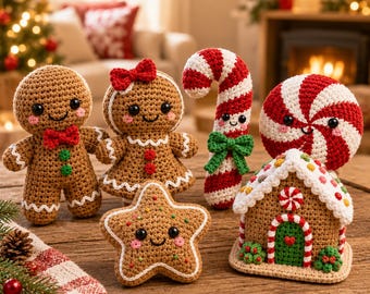 May include: A collection of crocheted Christmas ornaments including a gingerbread person with a red bow tie, a gingerbread person with a red hair bow, a star, a candy cane with a green bow, a peppermint swirl, and a small gingerbread house.