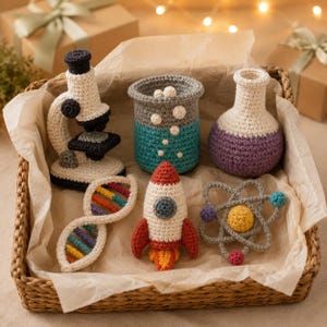 May include: A collection of crocheted science-themed items in a woven basket, including a microscope, a beaker with bubbles, a purple flask, a DNA strand, a rocket ship, and an atom model, all crafted with yarn in various colors and textures.