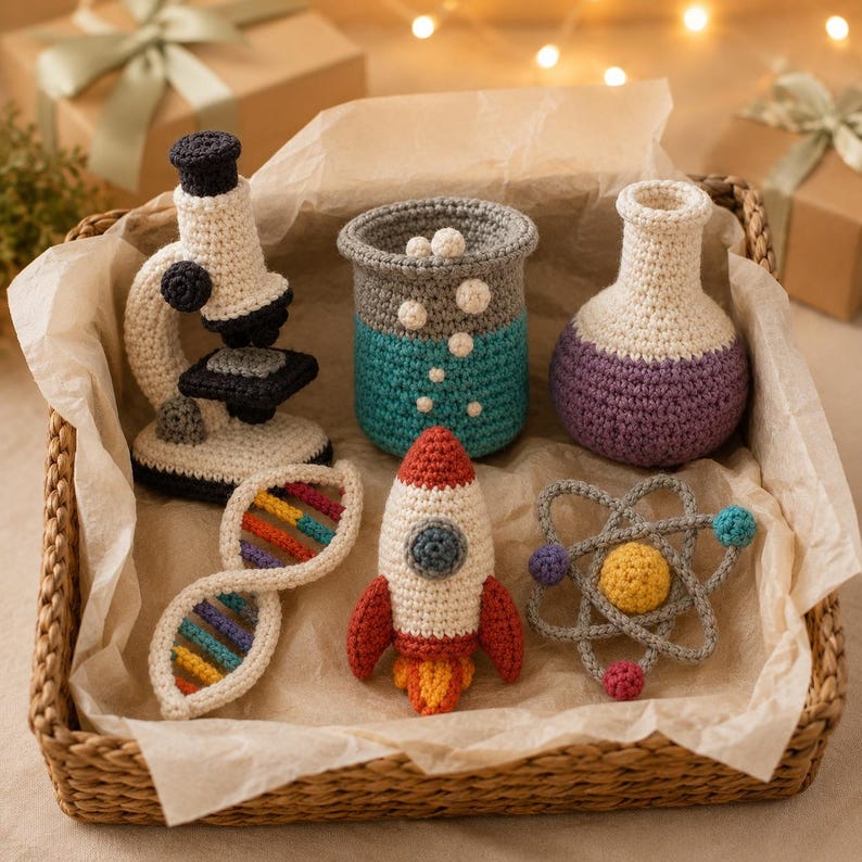 May include: A collection of crocheted science-themed items in a woven basket, including a microscope, a beaker with bubbles, a purple flask, a DNA strand, a rocket ship, and an atom model, all crafted with yarn in various colors and textures.