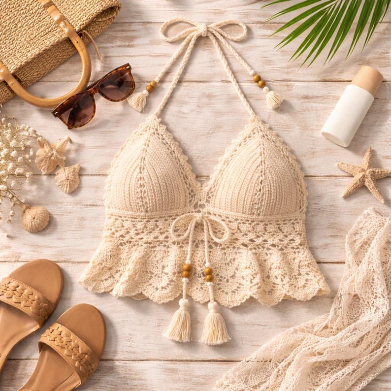Haut brassière au crochet fait main, vêtements de plage dos nu en dentelle bohème, vêtements de festival d'été image 10