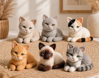 Bundel met realistisch gehaakt kattenpatroon, liggende amigurumiset, 6 kattenrassen (pdf)