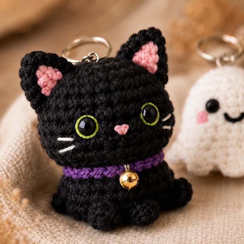 May include: A black crocheted cat keychain with pink inner ears, large black eyes with green outlines, a small pink nose, white embroidered whiskers, and a purple collar featuring a small gold-colored metal bell attached to a silver keyring.
