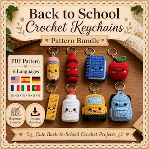 Virkat nyckelringsmönster PDF, 8 kawaii amigurumi skolmaterial (digital nedladdning)