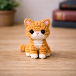 May include: A handmade crochet cat figurine in shades of orange, white, and pink. The cat has large black eyes, a pink nose, and pink-lined ears. The cat is sitting upright with its tail curled to the side. The figurine is made of yarn.