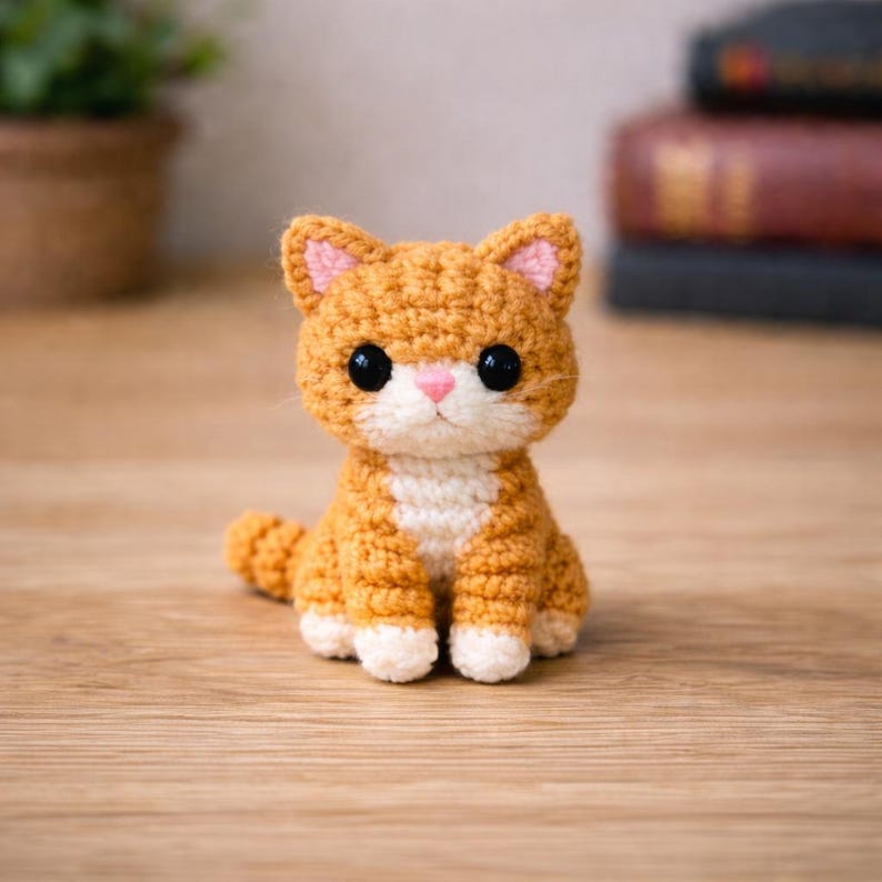 May include: A handmade crochet cat figurine in shades of orange, white, and pink. The cat has large black eyes, a pink nose, and pink-lined ears. The cat is sitting upright with its tail curled to the side. The figurine is made of yarn.
