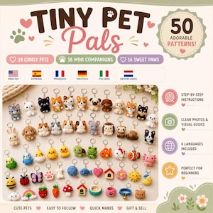Puede incluir: Una colección de 50 patrones de ganchillo titulada Tiny Pet Pals, que incluye 18 mascotas, 16 mini compañeros y 16 patas. La imagen muestra numerosos llaveros de animales tejidos a ganchillo pequeños y coloridos, incluyendo gatos, perros y varias formas de la naturaleza, con texto que indica instrucciones paso a paso y guías visuales en seis idiomas.
