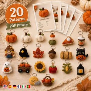 May include: A collection of 20 crochet patterns for autumn-themed keychains, including pumpkins, a scarecrow, a black cat, a sunflower, a ghost, and a lantern. The set includes printed PDF pattern cards and various finished crocheted items.
