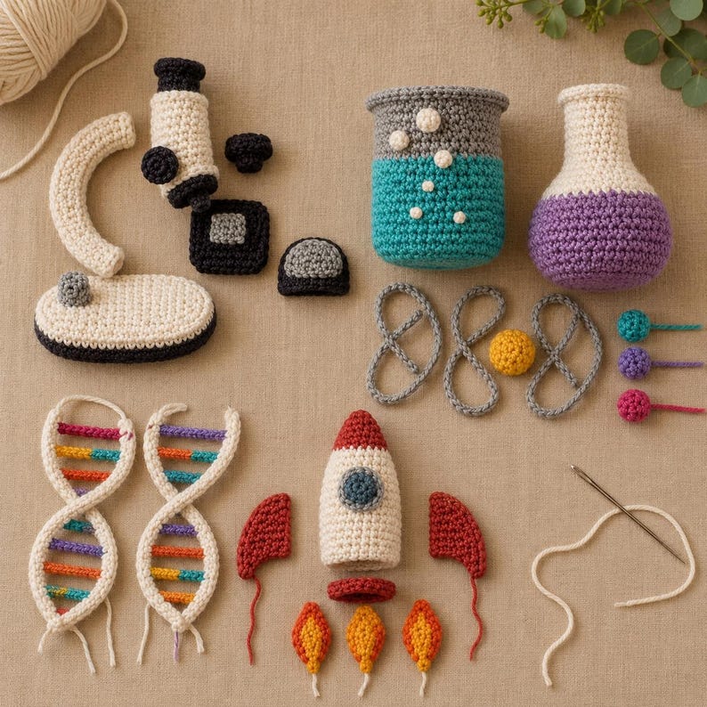 May include: A collection of crocheted science-themed items including a microscope, a beaker with teal bubbles, a purple flask, two DNA strands, a rocket ship with flames, three gray loops, a yellow sphere, and three small colorful spheres with needles.