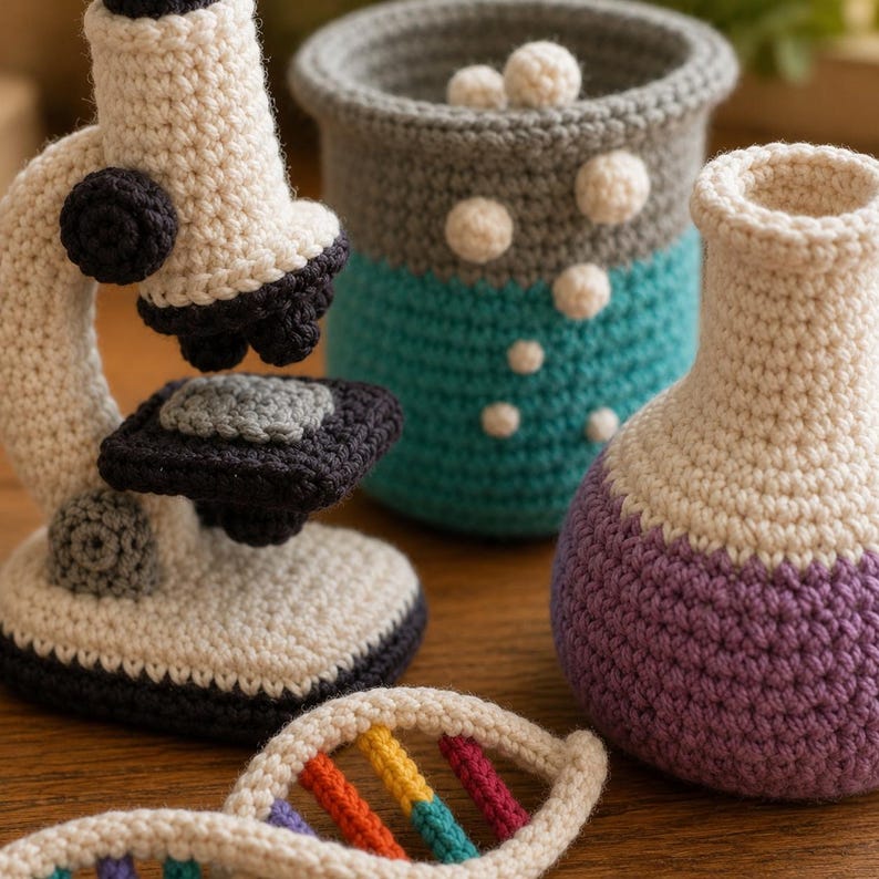 May include: A crocheted set featuring a cream and black microscope, a grey and teal beaker with white bubble accents, a cream and purple flask, and a multi-colored DNA strand. Each item is crafted with yarn in a detailed, textured stitch pattern.