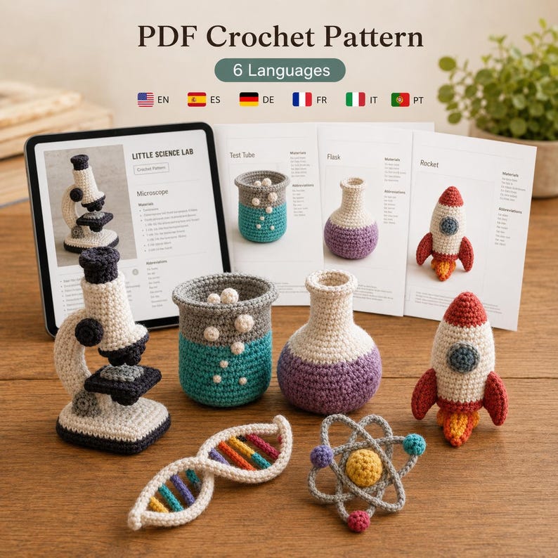 May include: A PDF crochet pattern for a science lab set featuring a microscope, test tube, flask, rocket, DNA strand, and atom. The set includes six languages and displays images of the finished crocheted items alongside printed instruction pages.