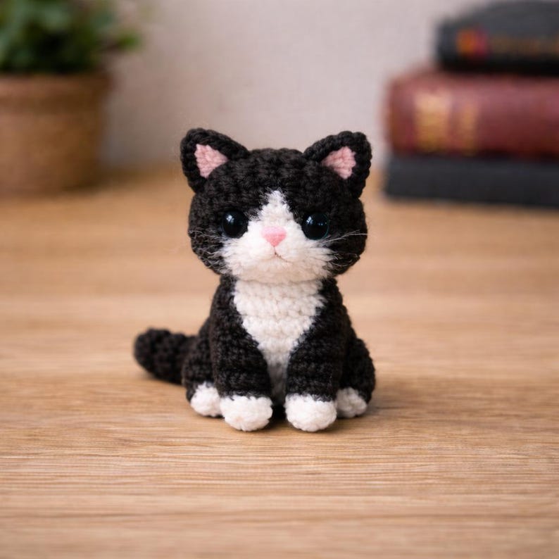May include: A handmade crochet cat figurine in black and white, with pink accents on the ears and nose. The cat has large, dark eyes and is sitting upright. The figurine is displayed on a wooden surface.