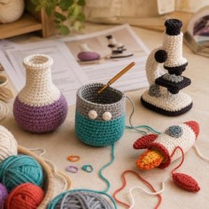 May include: A collection of crocheted items including a purple and cream laboratory flask, a teal and gray cup with a gold crochet hook, a black and cream microscope, and a white, red, and orange rocket ship with small plastic stitch markers.