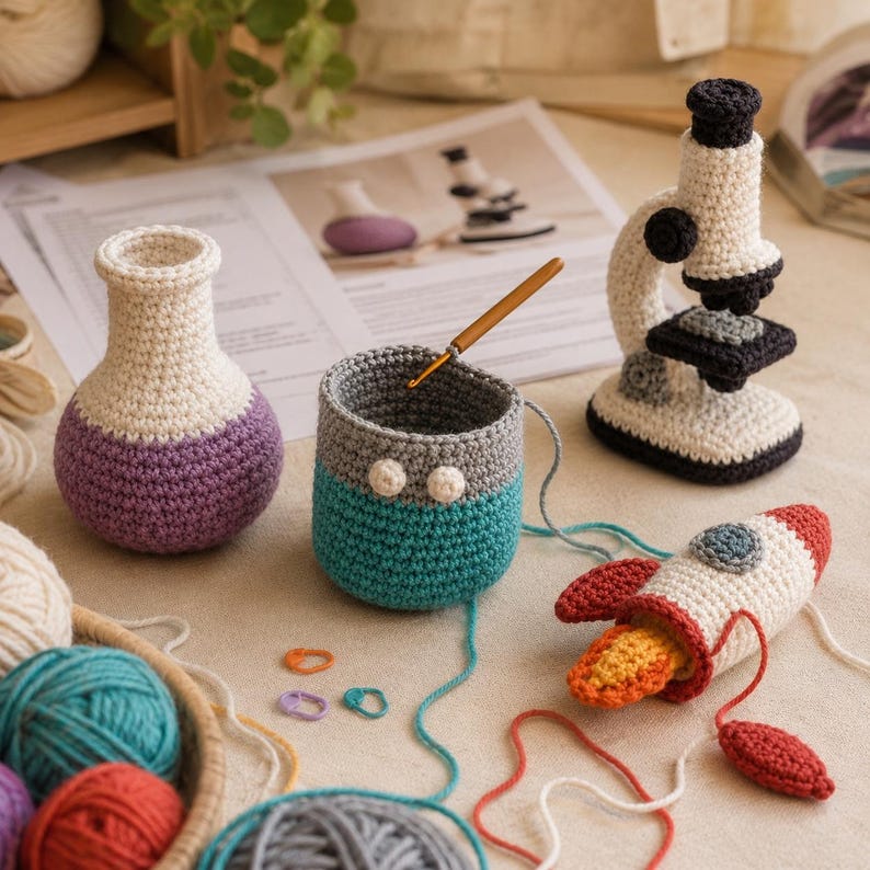 May include: A collection of crocheted items including a purple and cream laboratory flask, a teal and gray cup with a gold crochet hook, a black and cream microscope, and a white, red, and orange rocket ship with small plastic stitch markers.