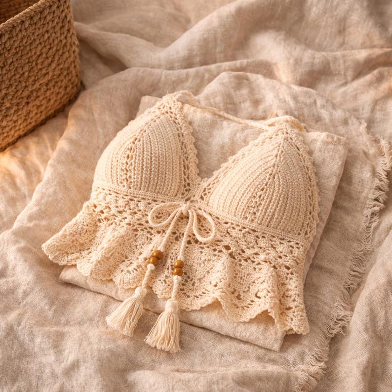 Peut inclure: Haut en crochet de couleur cr&egrave;me avec un col halter et un ourlet &agrave; volants. Le haut pr&eacute;sente une fermeture &agrave; nouer avec des perles en bois et des pompons. Le v&ecirc;tement fait main est pr&eacute;sent&eacute; sur un tissu aux tons neutres, mettant en valeur ses d&eacute;tails et sa texture.